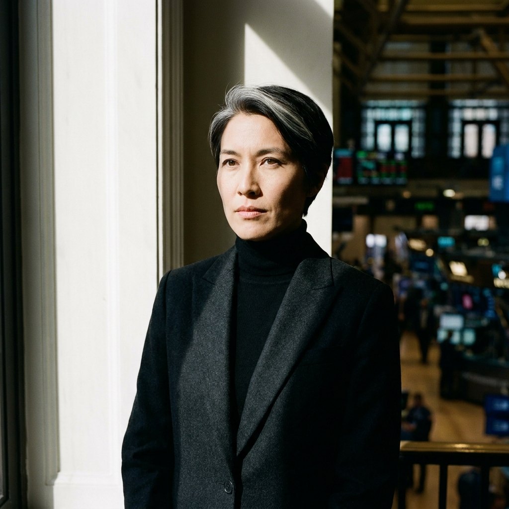 Imogen Achterberg stands by a tall window on the balcony above the exchange floor.