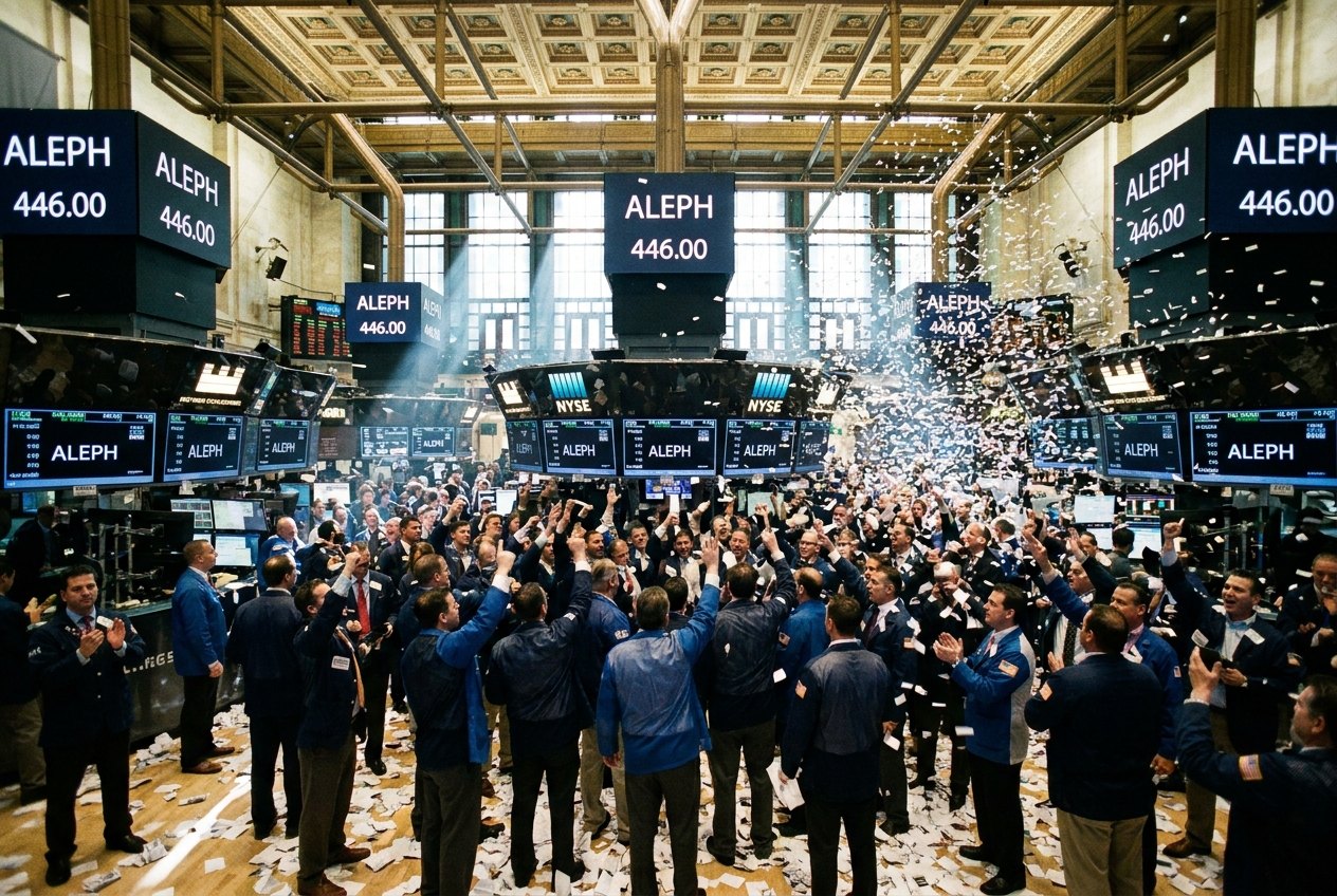 Traders on the New York Stock Exchange floor cheer beneath screens reading “ALEPH 446.00” as confetti falls.