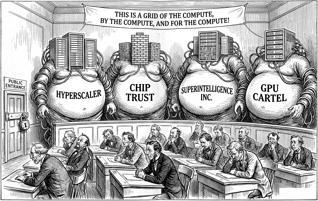 Cartoon: four giant figures with server racks for heads and bellies labeled Hyperscaler, Chip Trust, Superintelligence Inc. and GPU Cartel loom over a utility commission. A banner reads: This is a grid of the compute, by the compute, and for the compute. The public entrance is padlocked.