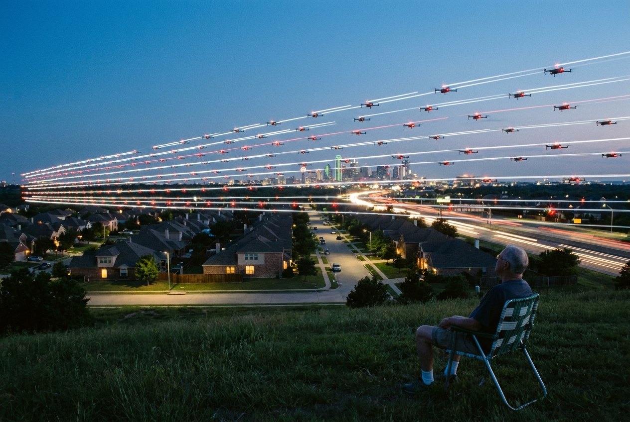 Lanes of delivery drones streak across the blue-hour sky over a subdivision while a man watches from a lawn chair.