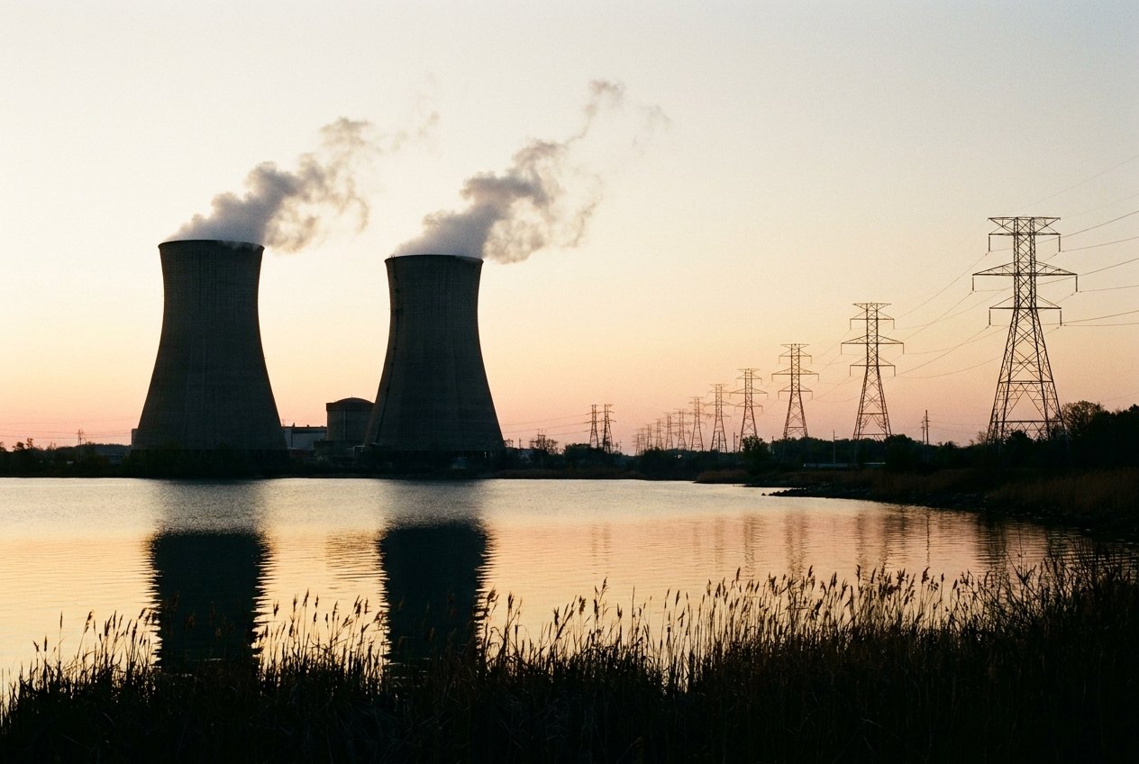 Two cooling towers release steam over a still lake at dawn, transmission towers leading away.
