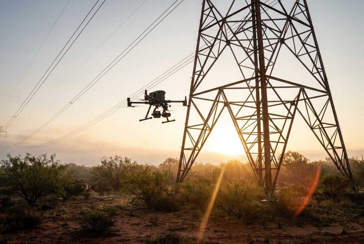 An inspection drone hovers beside a steel transmission tower at sunrise over mesquite scrub.