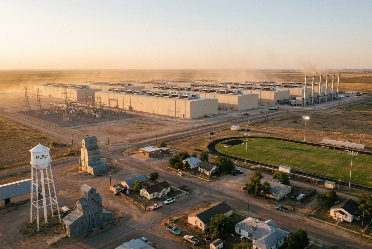 The Mercy water tower and grain elevator in the foreground; data center halls and turbine stacks stretch to the horizon.