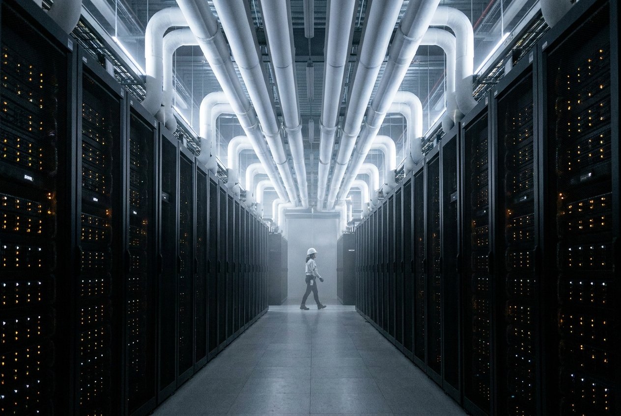 A lone technician in a white hard hat walks down a long aisle of server racks beneath liquid-cooling pipes.